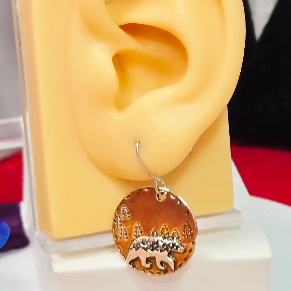 Forest Bear Earrings – Copper Disc Rustic Cabin Nature Dangles Artisan Statement